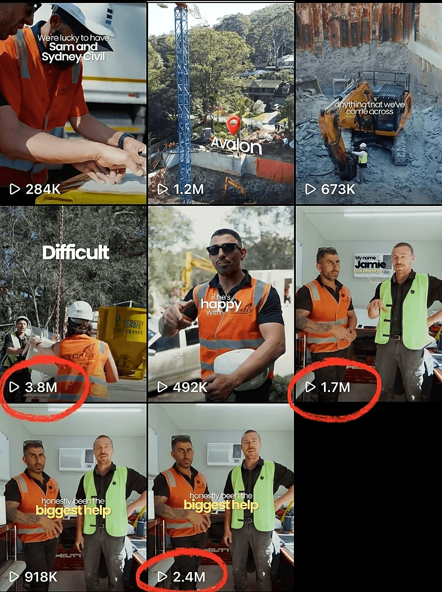 Instagram grid of eight reels from a Sydney demolition and civil account, view counts from 284 thousand to 3.8 million