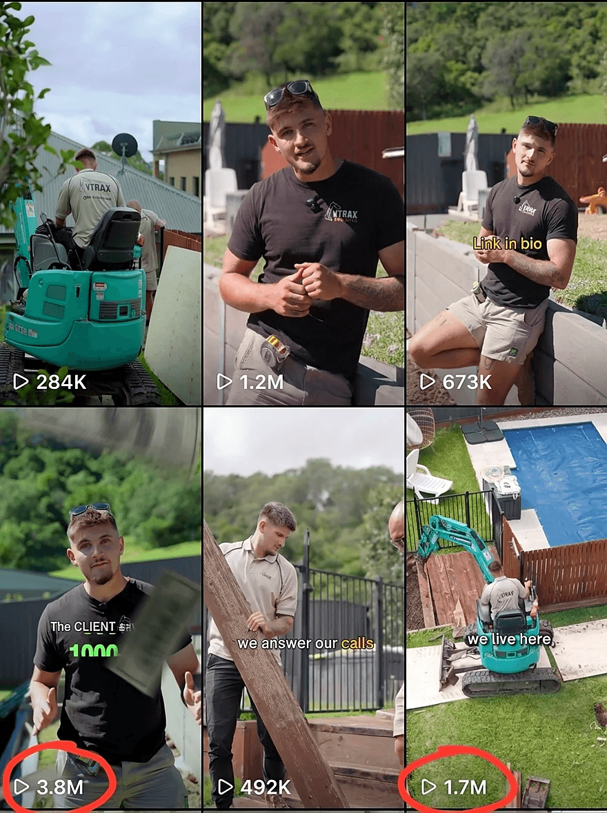 Instagram grid of six reels from a Wollongong landscaping and retaining wall account, view counts from 284 thousand to 3.8 million