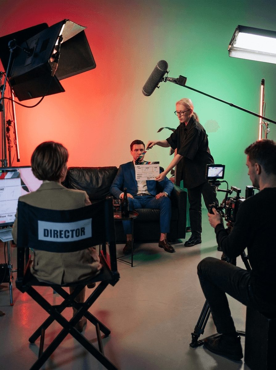 A director and crew filming an interview in a studio lit with coloured light