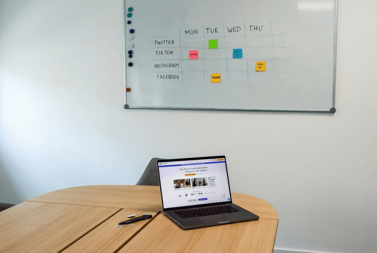 A laptop on a round table in front of a whiteboard planning wall